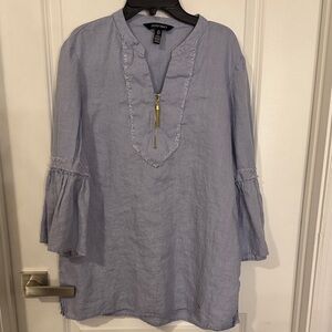 Ellen Tracy Light Blue Linen-Blend Tunic with Gold Zip